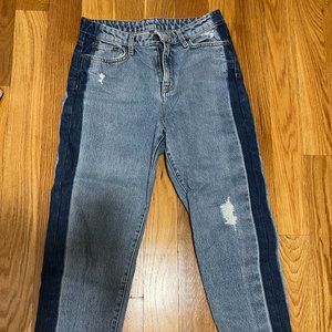 Carmar high-rise mid blue with dark blue accent straight-leg jean, size 27